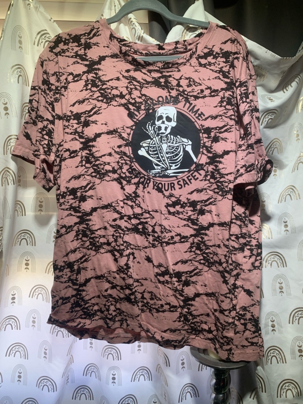 Skeleton Graphic Tie-Dye Tee in Dusty Pink & Black Upcycled